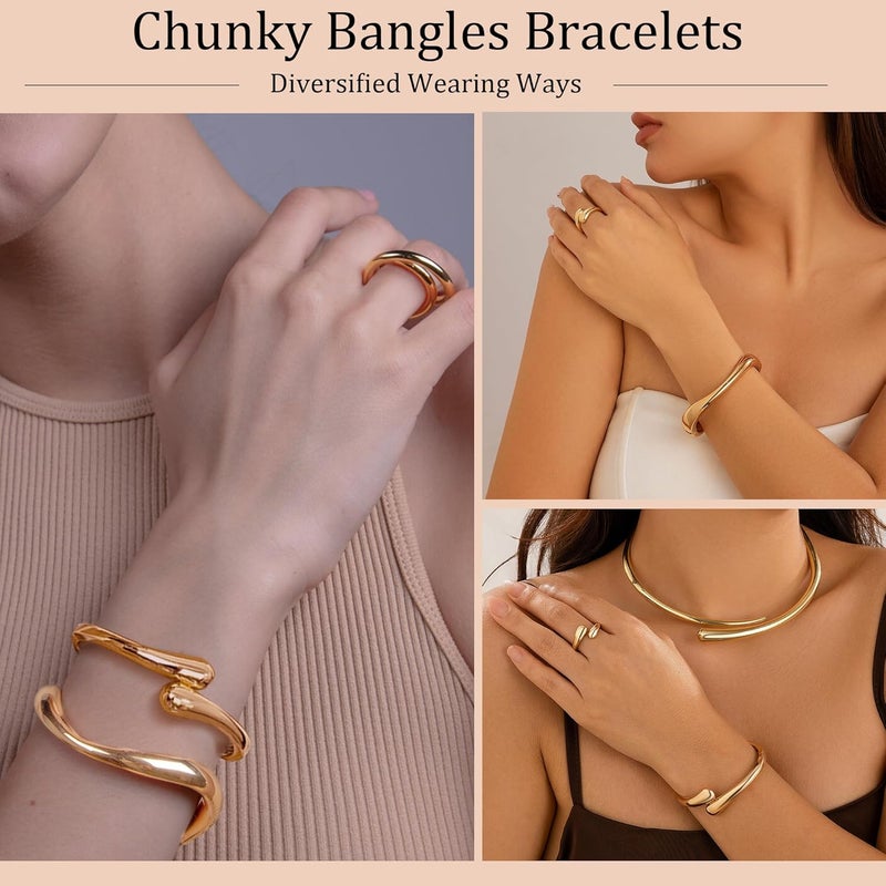 PEALICIOUS 2Pcs Chunky Bracelet for Women, Girls Gold Bangle Bracelet 7in Minimalist Silver Chunky Bangles Valentines Gifts, Trendy Gold Arm Cuff Upper Arm Band, Stack Bead Pearl Gift Summer Jewelry - Image 5